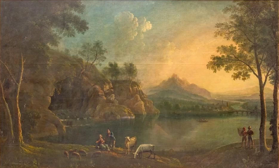 Johann Christian Vollerdt - 109, Paesaggio lacustre, probabilmente Italiano, con pastori e armenti